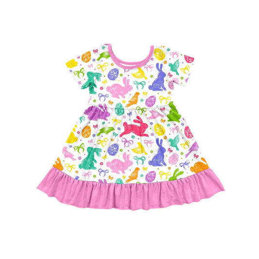 Preorder(moq 5) Baby Girls Colorful Bows Rabbits Easter Ruffle Knee Length Dresses 10.15
