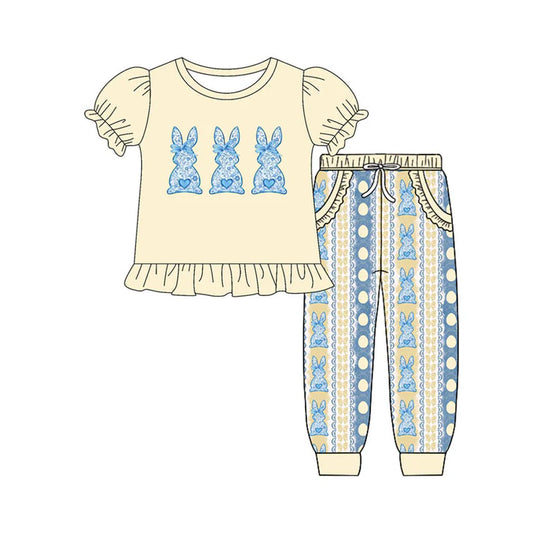 Preorder (moq 8)Baby Girls Floral Rabbits Eggs Stripe Ruffle Top Pocket Jogger Pants Easter Clothes Sets 9.16
