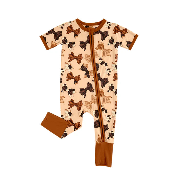 Preorder (moq 5)Baby Girls Cow Print Bows Plaid Western Two Way Zip Convertible Rompers 12.2