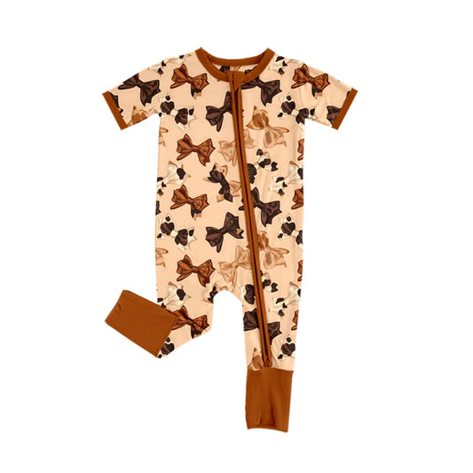 Preorder (moq 5)Baby Girls Cow Print Bows Plaid Western Two Way Zip Convertible Rompers 12.2