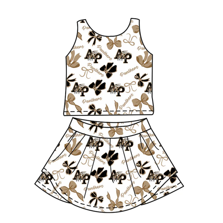 Preorder (moq 5)Baby Girls Brown Sleeveless AP Bows Plaid Top Skorts Team Set 6.30