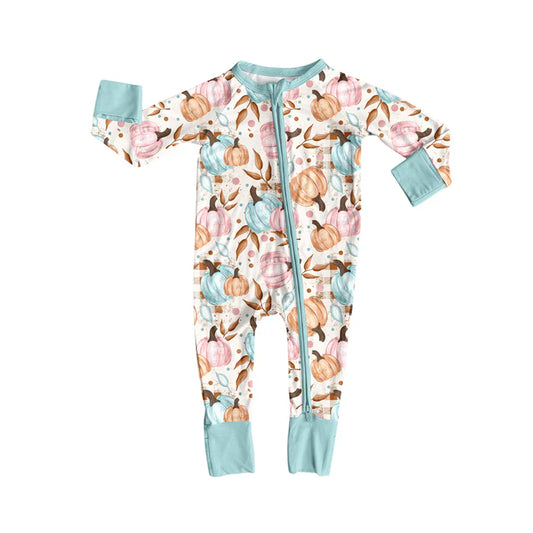 Preorder (moq 5)Baby Girls Long Sleeves Colorful Pumpkins Floral Plaid Zipper Romper 7.5