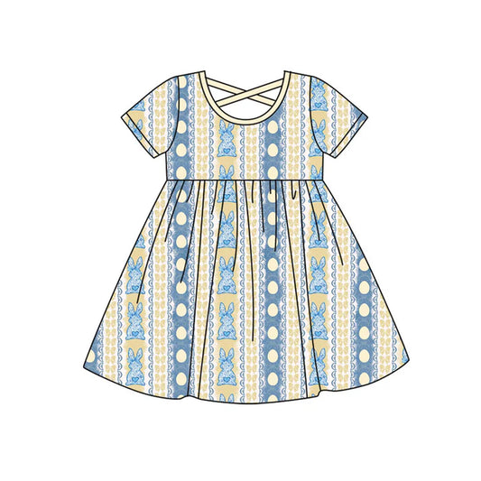 Preorder (moq 8)Baby Girls Floral Rabbits Eggs Stripe Easter Knee Length Dresses 9.16