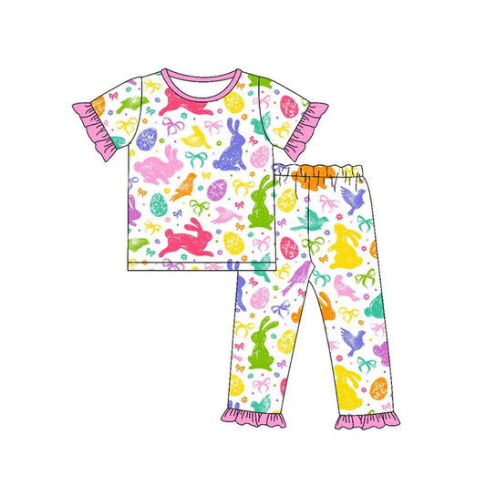 Preorder(moq 5) Baby Girls Colorful Rabbits Bows Top Ruffle Pants Easter Pajamas Sets 10.15