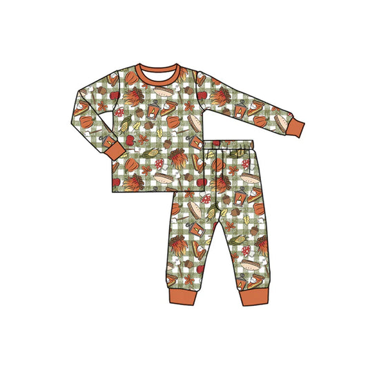 Preorder (moq 5)Baby Boys Long Sleeves Green Plaid Pie Pumpkins Top Pant Pajamas Set 7.1
