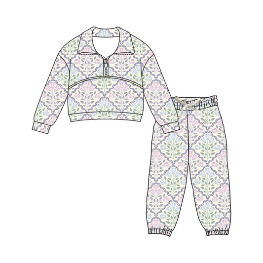 Preorder (moq 5)Baby Girls Colorful Flowers Checked Zipper Top Jogger Pants Clothes Sets 12.5