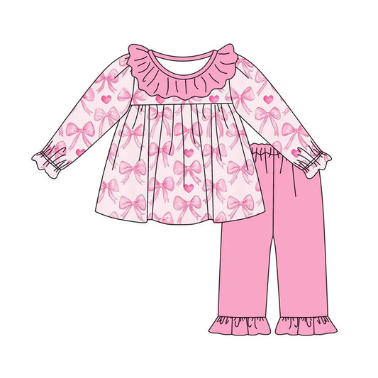 Preorder (moq 5)Baby Girls Pink Hearts Bows Tunic Ruffle Pants Valentine Clothes Sets 9.4