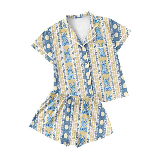 Preorder (moq 8)Baby Girls Floral Rabbits Eggs Stripe Button Pocket Top Shorts Easter Pajamas Sets 9.16