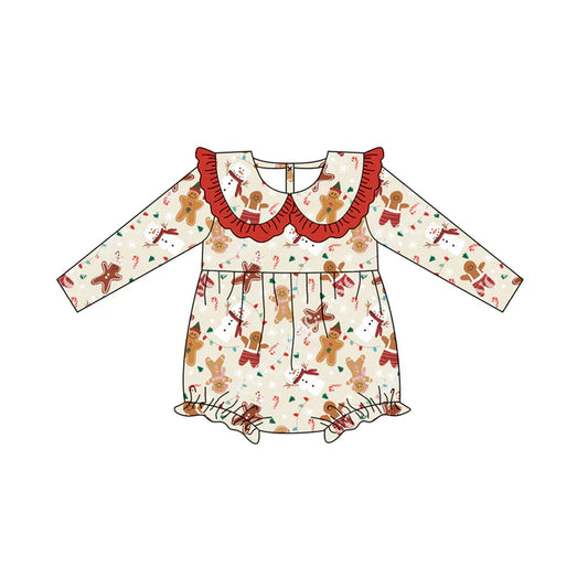 Preorder (moq 5)Baby Girls Long Sleeves Snowman Gingerbread Lights Ruffle Romper 7.5