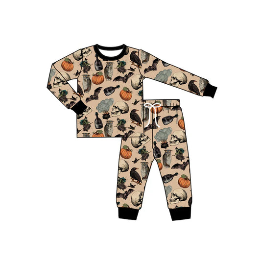 Preorder (moq 5)Baby Boys Black Long Sleeves Bats Pumpkins Button Top Pant Pajamas Set 6.2