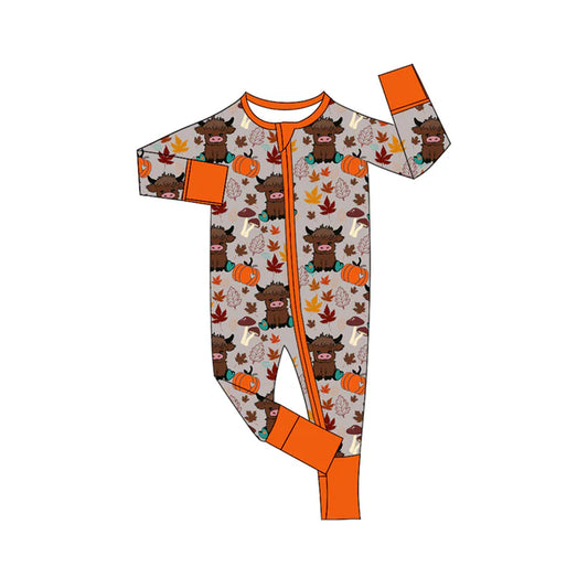 Preorder moq 5 Baby Infant Boys Long Sleeves Highland Cows Pumpkins Plaid Zipper Romper 7.14
