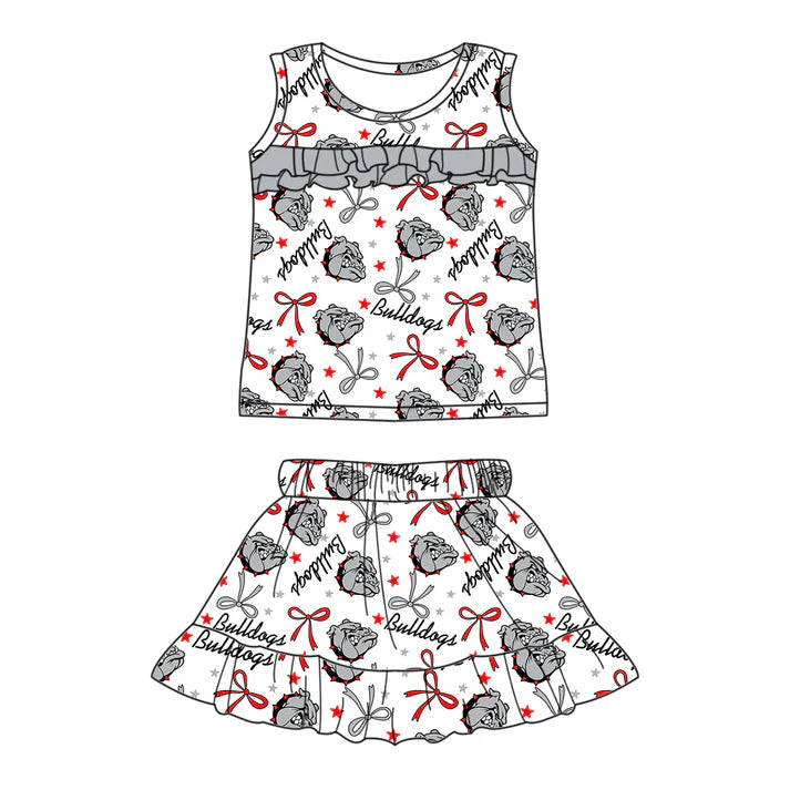 Preorder (moq 5)Baby Girls Sleeveless Gray Dogs Stars Bows Top Ruffle Skorts Team Set 6.16