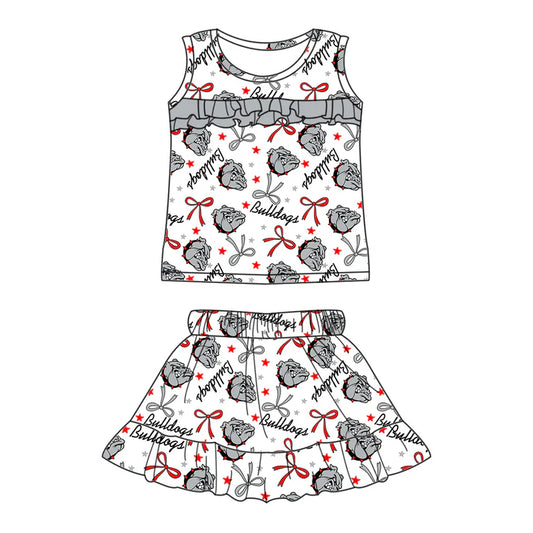 Preorder (moq 5)Baby Girls Sleeveless Gray Dogs Stars Bows Top Ruffle Skorts Team Set 6.16