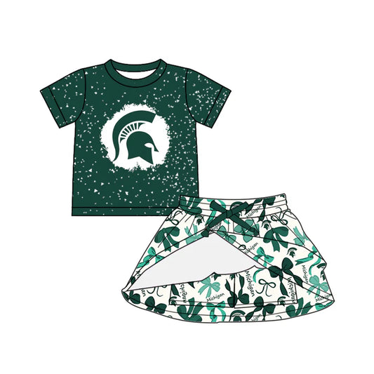 Preorder (moq 5)Baby Girls Green Short Sleeves Spartan Top Bows Plaid Skorts Team Set 6.16
