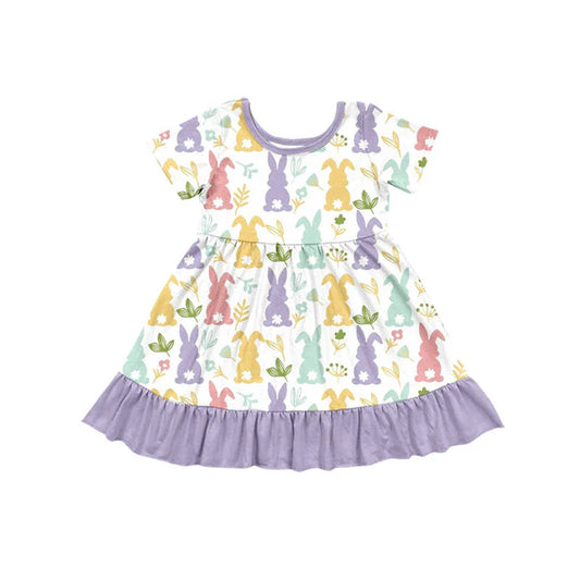 Preorder(moq 5) Baby Girls Colorful Rabbits Flowers Easter Ruffle Knee Length Dresses 10.15