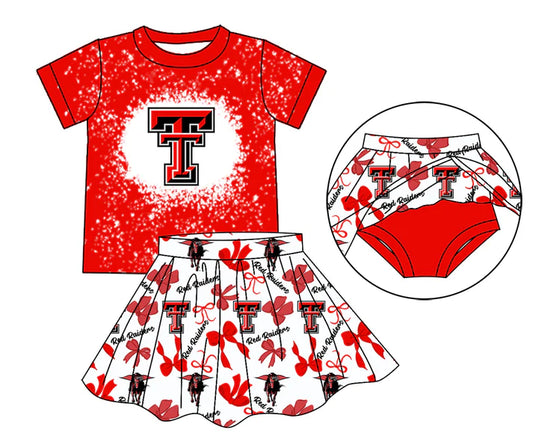 Preorder moq 5 red T bleached top bow skirt girls team outfits 8.26