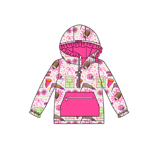 Preorder (moq 5)Baby Girls Long Ruffle Sleeves Bows Footballs Pocket Zipper Hoodies Top 7.28