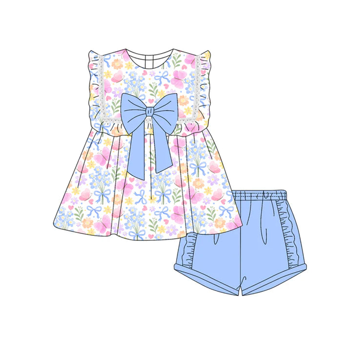 Preorder moq 5 Baby Girls Sleeveless Pink Butterfly Floral Tunic Blue Ruffle Short Set 4.19