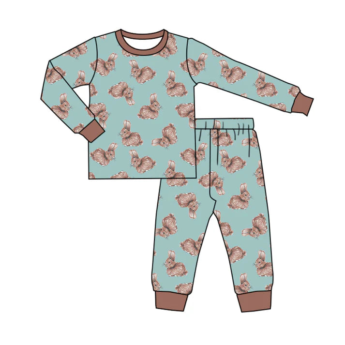 Preorder (moq 5)Baby Boys Green Long Sleeve Rabbits Top Pant Easter Pajamas Sets 12.15
