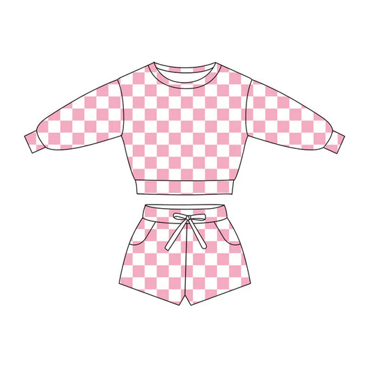 Preorder(moq 5) Baby Girls Light Pink Checked Long Sleeve Pockets Shorts Clothes Sets 10.27