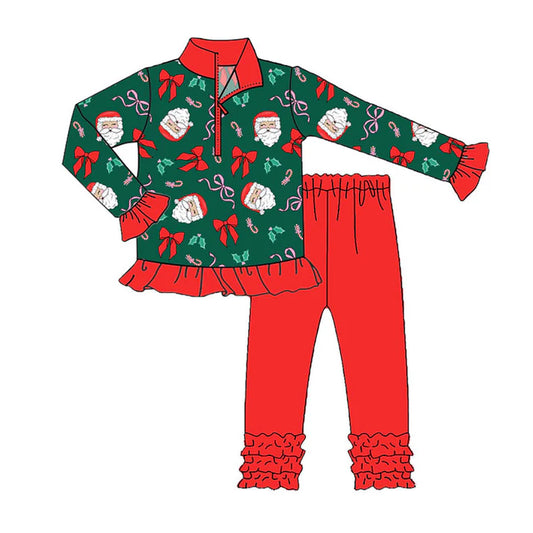 Preorder (moq 8)Baby Girls Santa Bows Holly Zipper Pullover Ruffle Leggings Christmas Clothes Sets 9.22