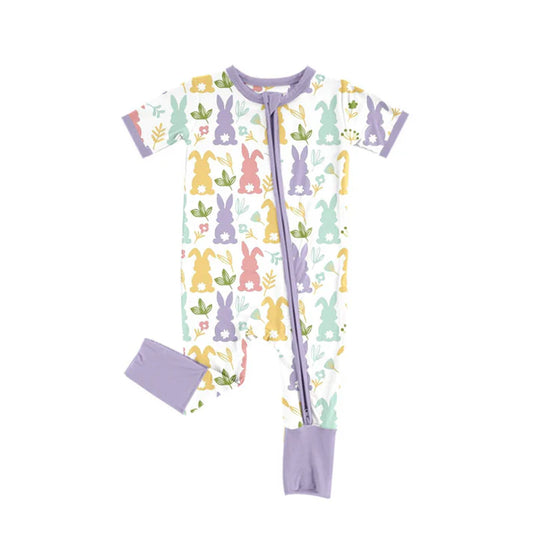 Preorder (moq 5)Baby Girls Short Sleeve Colorful Rabbits Flowers Easter Zipper Footie Rompers 10.15