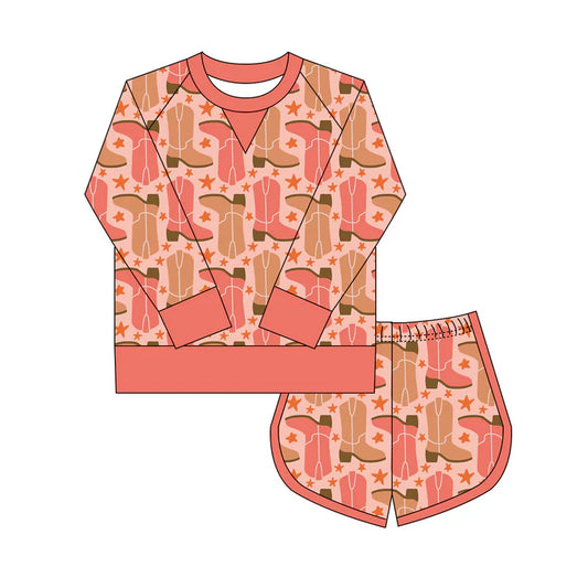 Preorder(moq 8)Baby Girls Pink Boots Stars Plaid Long Sleeve Top Shorts Western Clothes Set 9.27