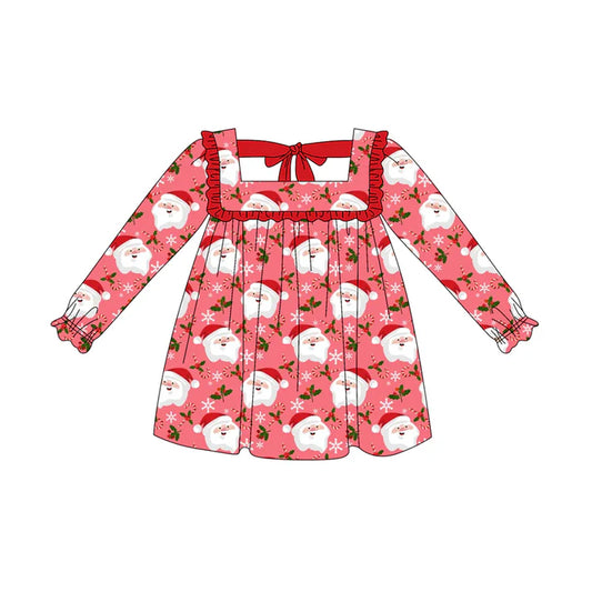 Preorder (moq 5)Baby Girls Pink Long Ruffle Sleeves Santa Plaid Knee Length Dresses 5.20