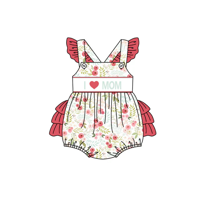 Preorder(moq 5)Baby Infant Girls Red Flutter Sleeves I LOVE MOM Floral Ruffle Bubble Rompers 5.15