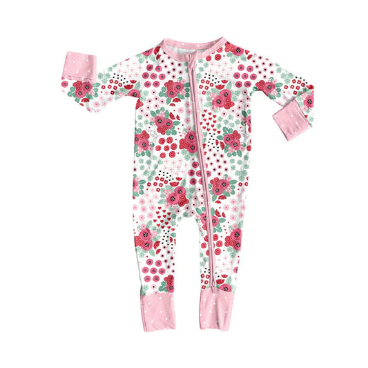 Preorder (moq 8)Baby Girls Long Sleeve Pink Flowers Zipper Footie Rompers 9.12