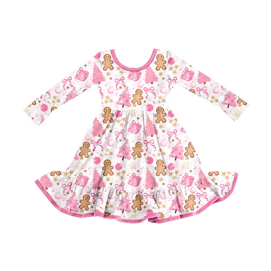 Preorder (moq 5)Baby Girls Christmas Trees Pink Gifts Gingerbread Ruffle Knee Length Dresses 8.12