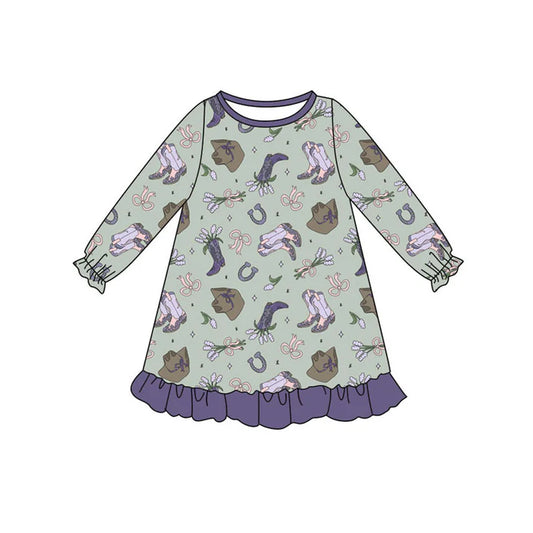 Preorder (moq 8)Baby Girls Purple Bows Hats Flowers Ruffle Knee Length Dresses 9.8