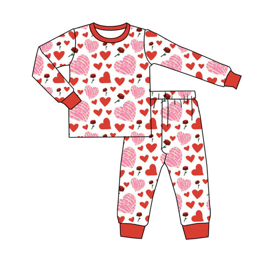 Preorder (moq 8)Baby Boys Red Flowers Hearts Top Pants Valentine Pajamas Sets 9.20