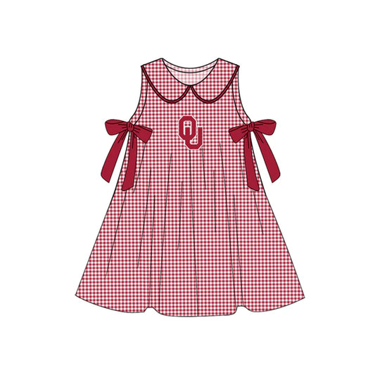 Preorder (moq 5)Baby Girls Red Plaid Sleeveless Bows OU Team Knee Length Dresses 7.10