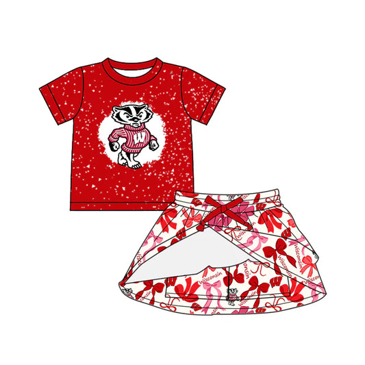 Preorder (moq 5)Baby Girls Red Short Sleeves Wisconsin Top Bows Plaid Skorts Team Set 6.16