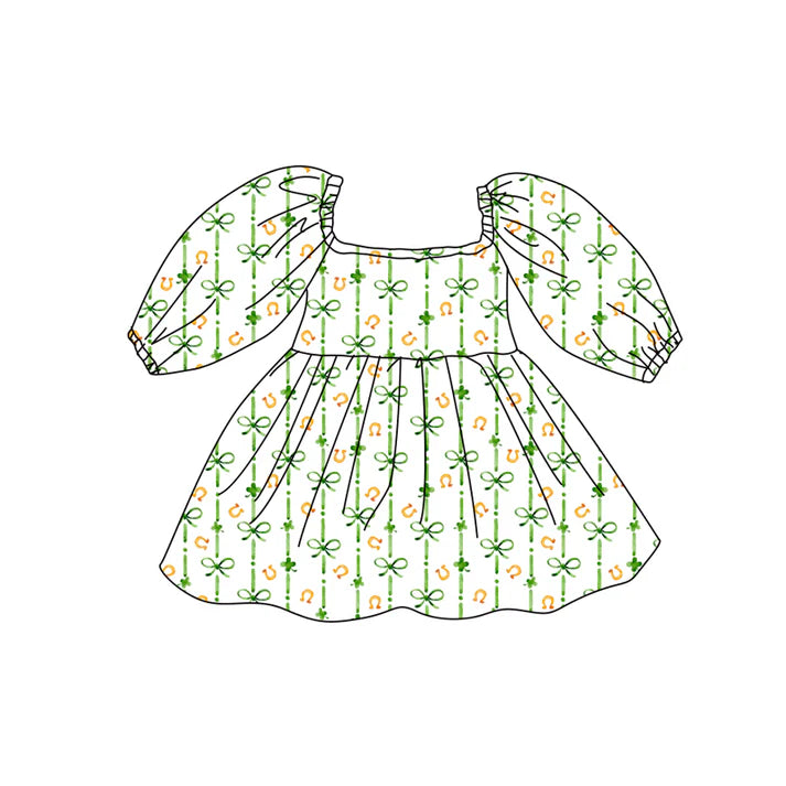 Preorder (moq 5)Baby Girls Clovers Bows St Patrick Knee Length Dresses 12.15