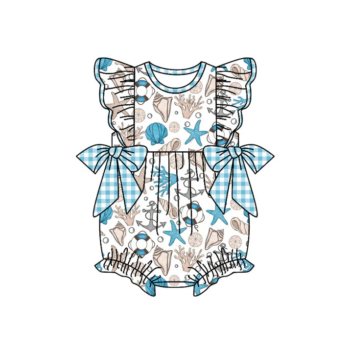 Preorder moq 5 Baby Girls Flutter Sleeves Blue Plaid Bows Sea World Ruffle Rompers 4.17
