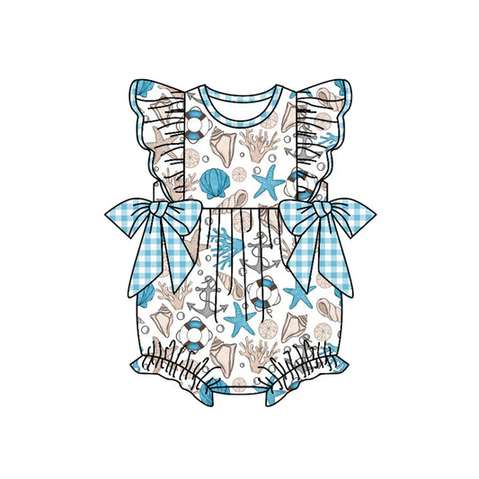 Preorder moq 5 Baby Girls Flutter Sleeves Blue Plaid Bows Sea World Ruffle Rompers 4.17