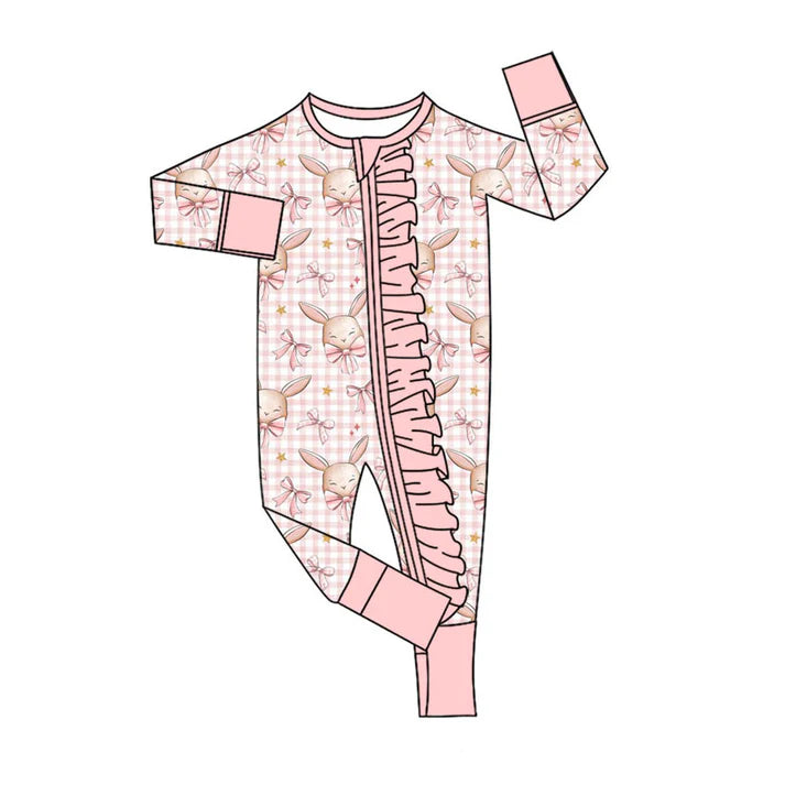 Preorder (moq 5)Baby Girls Pink Bows Rabbits Checked Easter Ruffle Zip Rompers 11.19