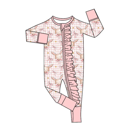 Preorder (moq 5)Baby Girls Pink Bows Rabbits Checked Easter Ruffle Zip Rompers 11.19