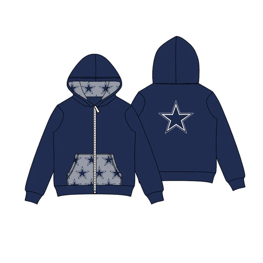 Preorder (moq 5)Baby Boys Hot Blue Stars Team Pocket Zipper Hoodies Tops 8.2