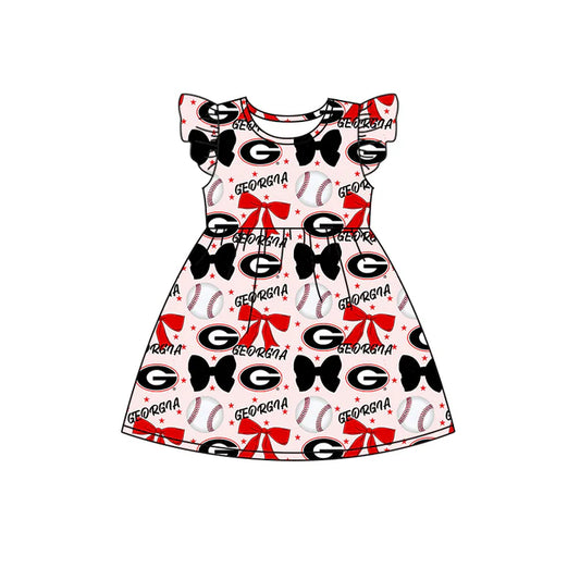 Preorder (moq 5)Baby Girls Flutter Sleeves Baseballs Bows Georgia Team Knee Length Dresses 6.16