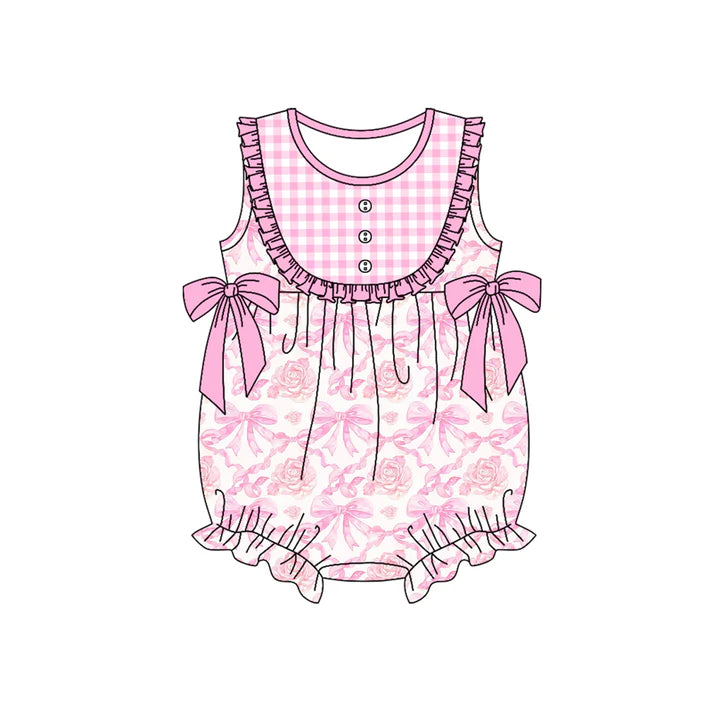 Preorder (moq 5)Baby Girls Pink Sleeveless Flowers Bows Button Ruffle Rompers 5.26