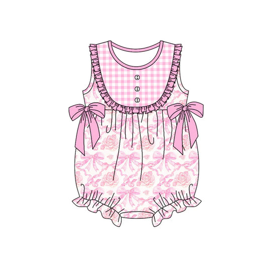 Preorder (moq 5)Baby Girls Pink Sleeveless Flowers Bows Button Ruffle Rompers 5.26