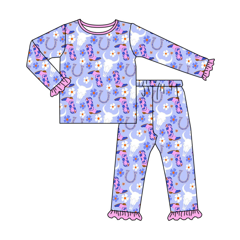 Western Style Baby Girls Pajamas Cow Print Boutique Sleepwear Sets Preorder Moq 5