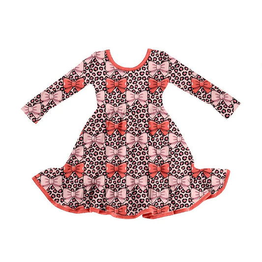 Preorder (moq 5)Baby Girls Peach Leopard Bows Ruffle Knee Length Dresses 9.4