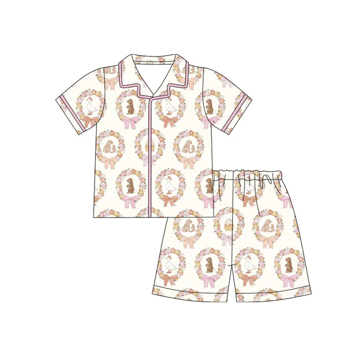 Preorder (moq 5)Baby Girls Rabbits Flower Holly Button Top Shorts Easter Pajamas Sets 12.12