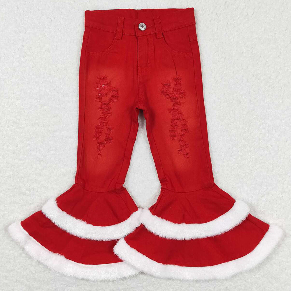 Baby Girls Jeans Red Distressed Fur Bell Denim Pants P0334