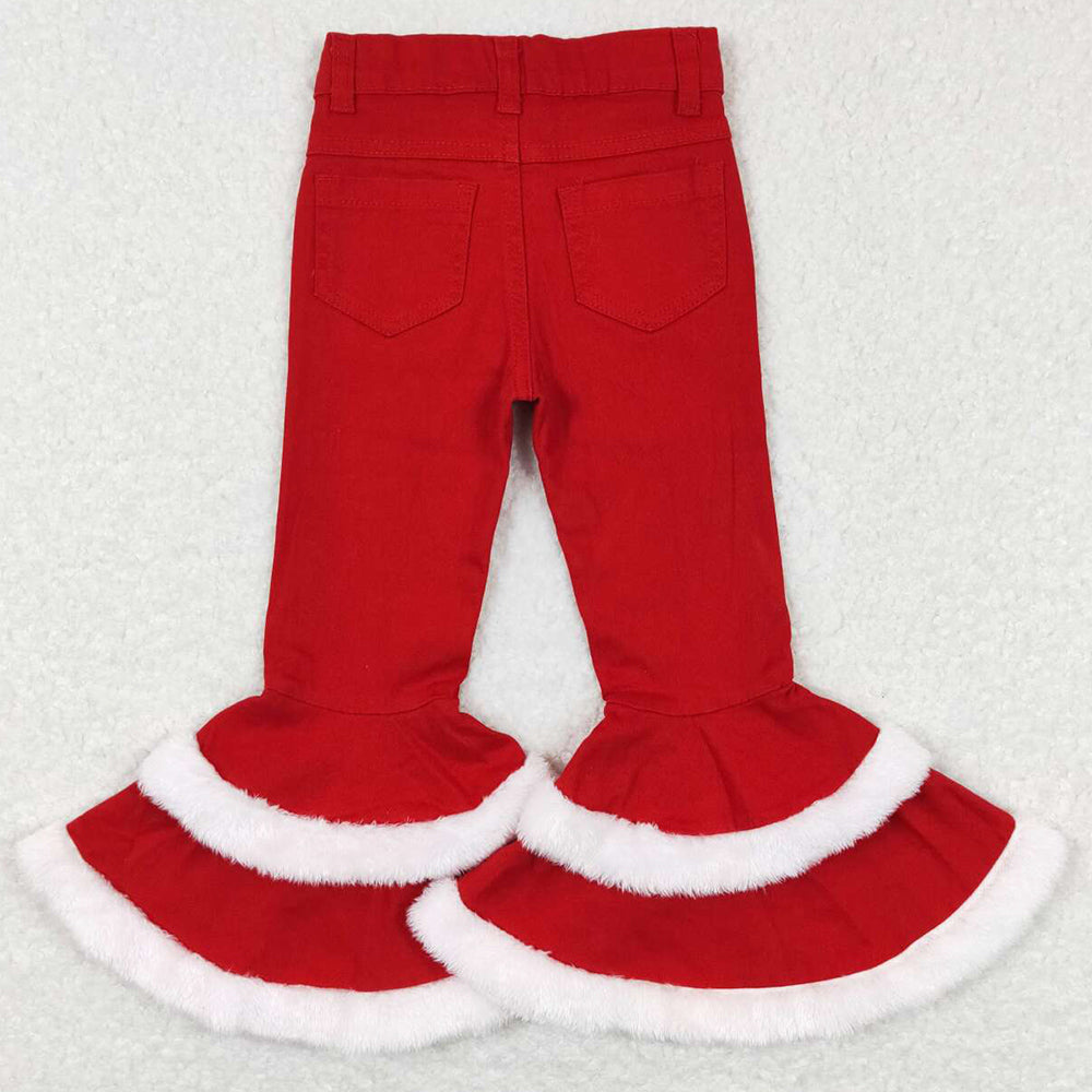 Baby Girls Jeans Red Distressed Fur Bell Denim Pants P0334