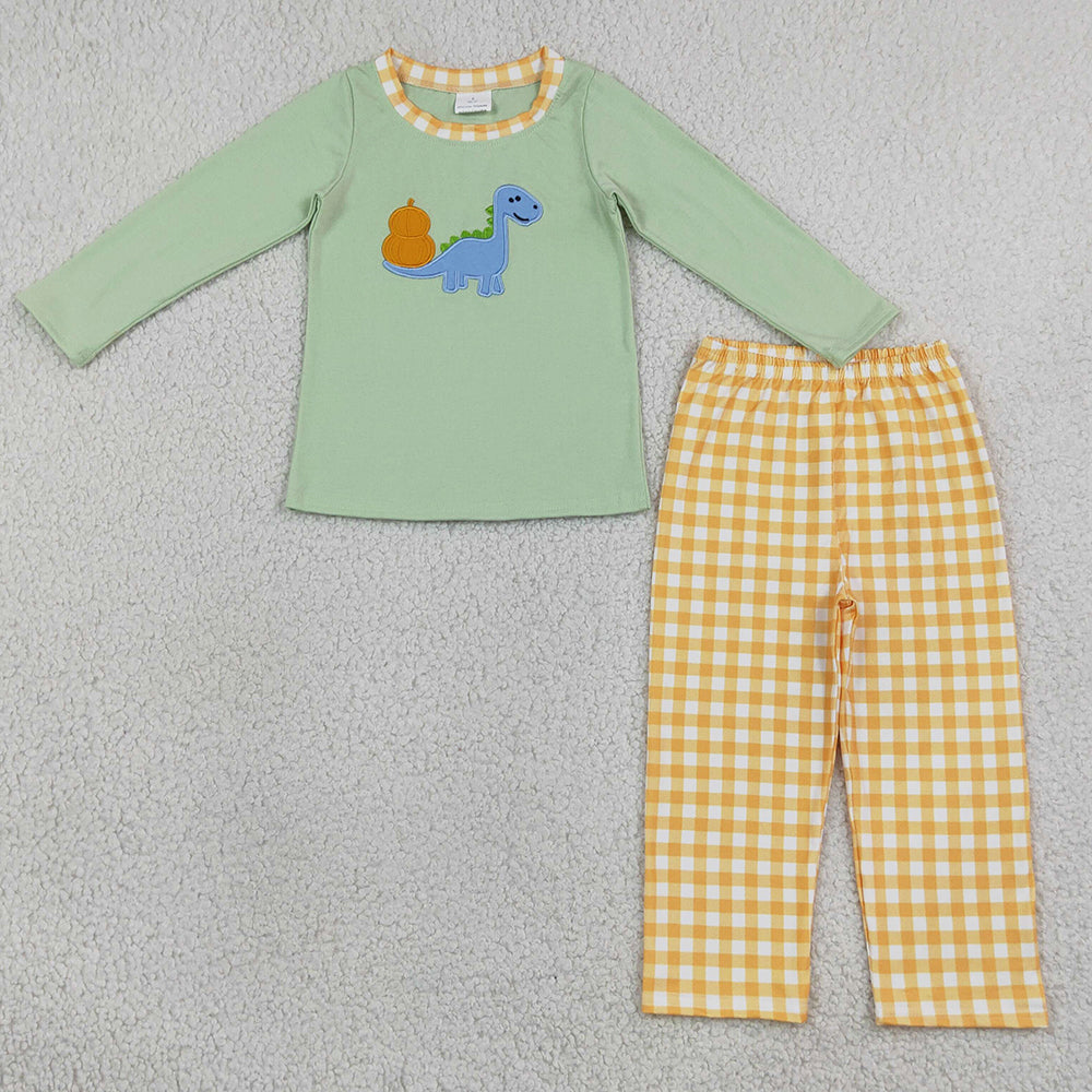 Baby Boys Clothes Embroidery Pumpkin Dinosaurs Top Checked Pants Fall Clothes Set BLP1515